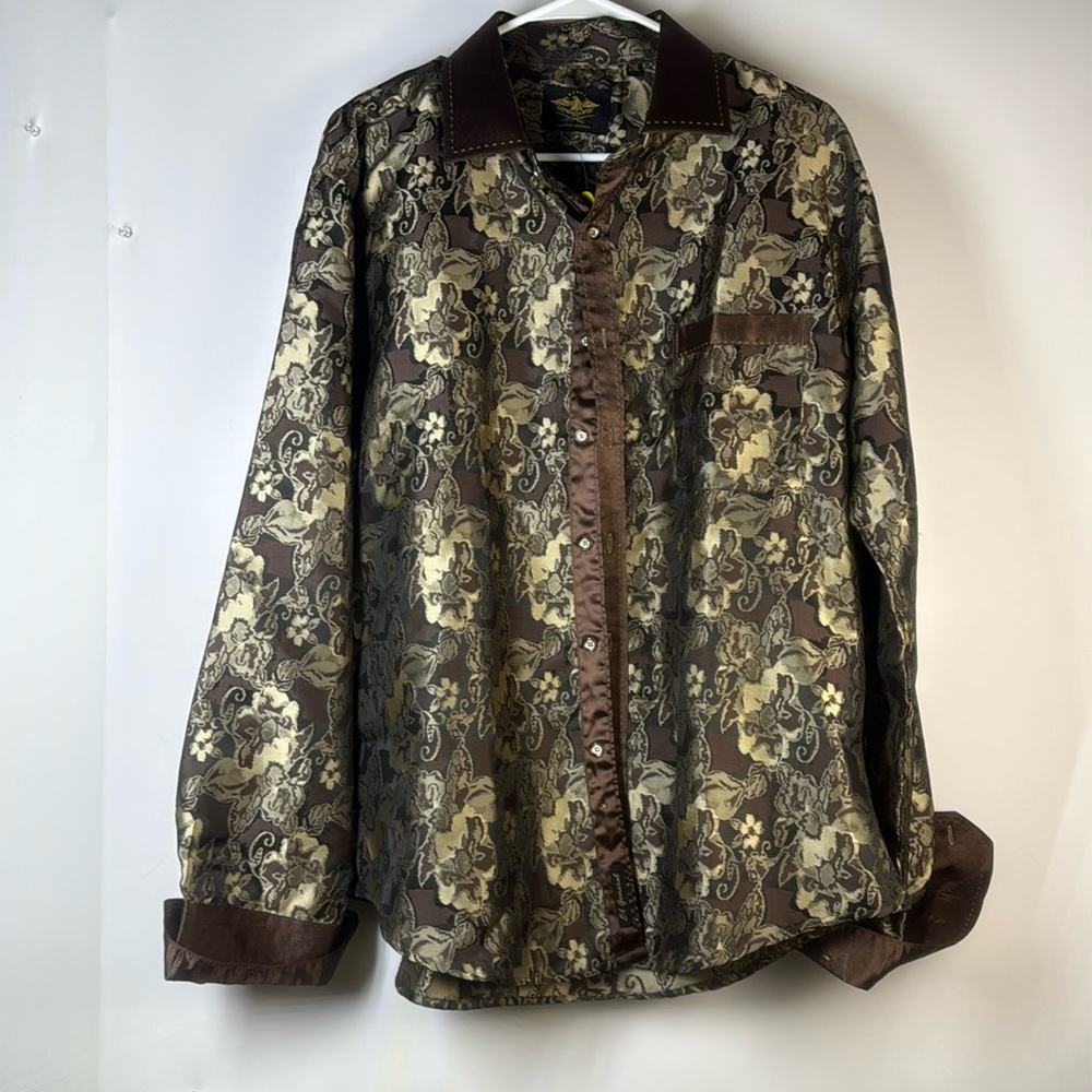 Mens EL General Shirt Gold& Brown button up, Brown Flip Cuffs, l